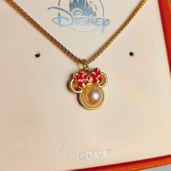 Disney Minnie Mouse Gold-Toned Necklace Pearl Red Bow New - Picture 4 of 7
